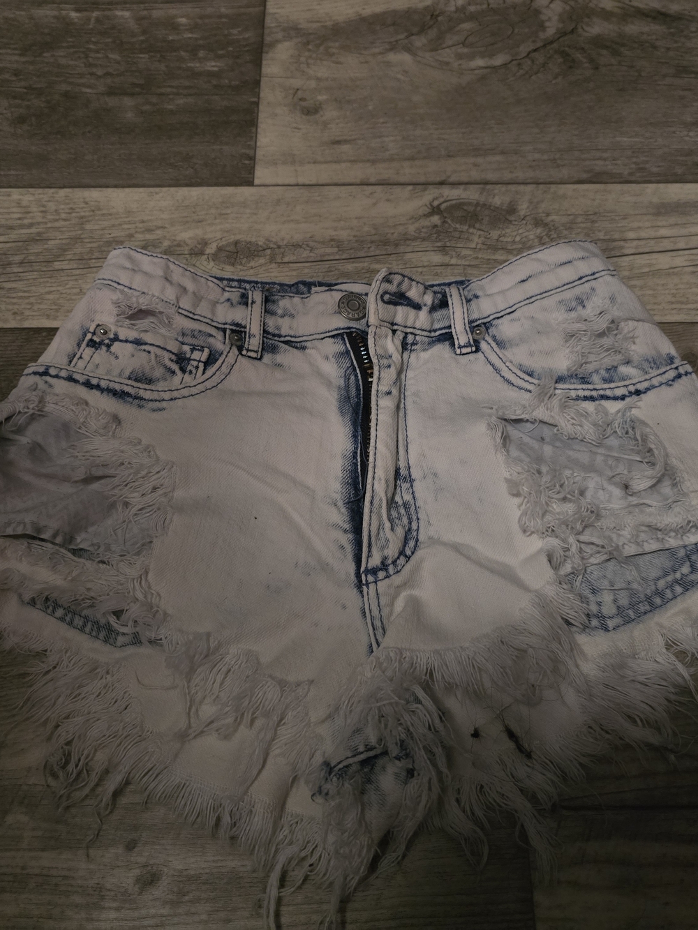 Garage High-Rise Distressed White Denim Shorts with Blue Wash Accents